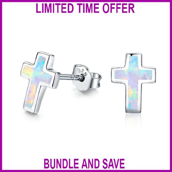 Sterling Silver Opal Cross Stud Earrings Hypoallergenic Women's Jewelry